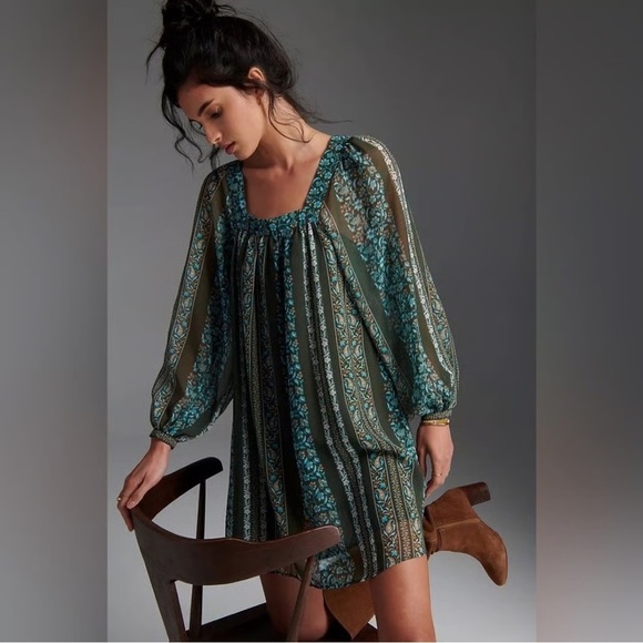 Anthropologie Sona Blue Motif Paisley Square Neck Tunic Dress Size Medium - Picture 2 of 7